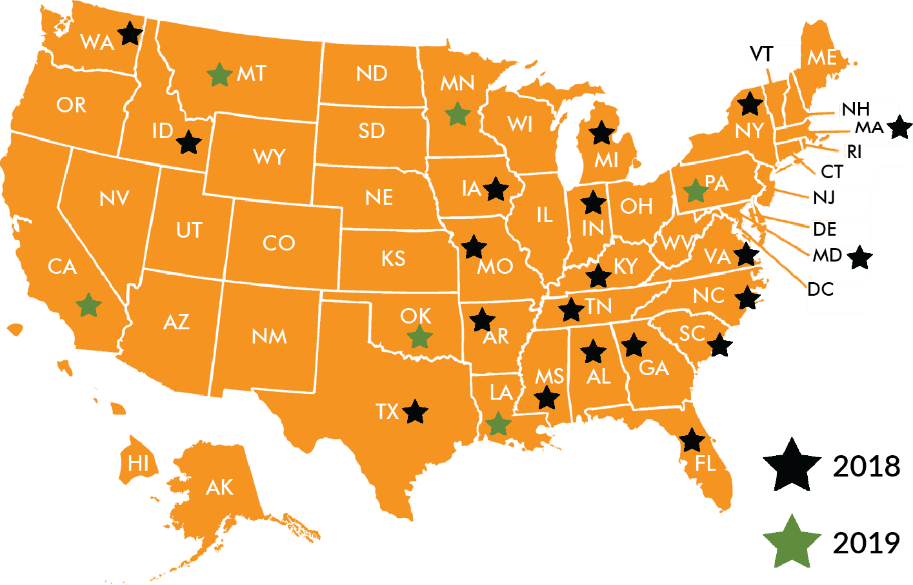 参加2018年和2019年“种族理解研讨会”的州地图。