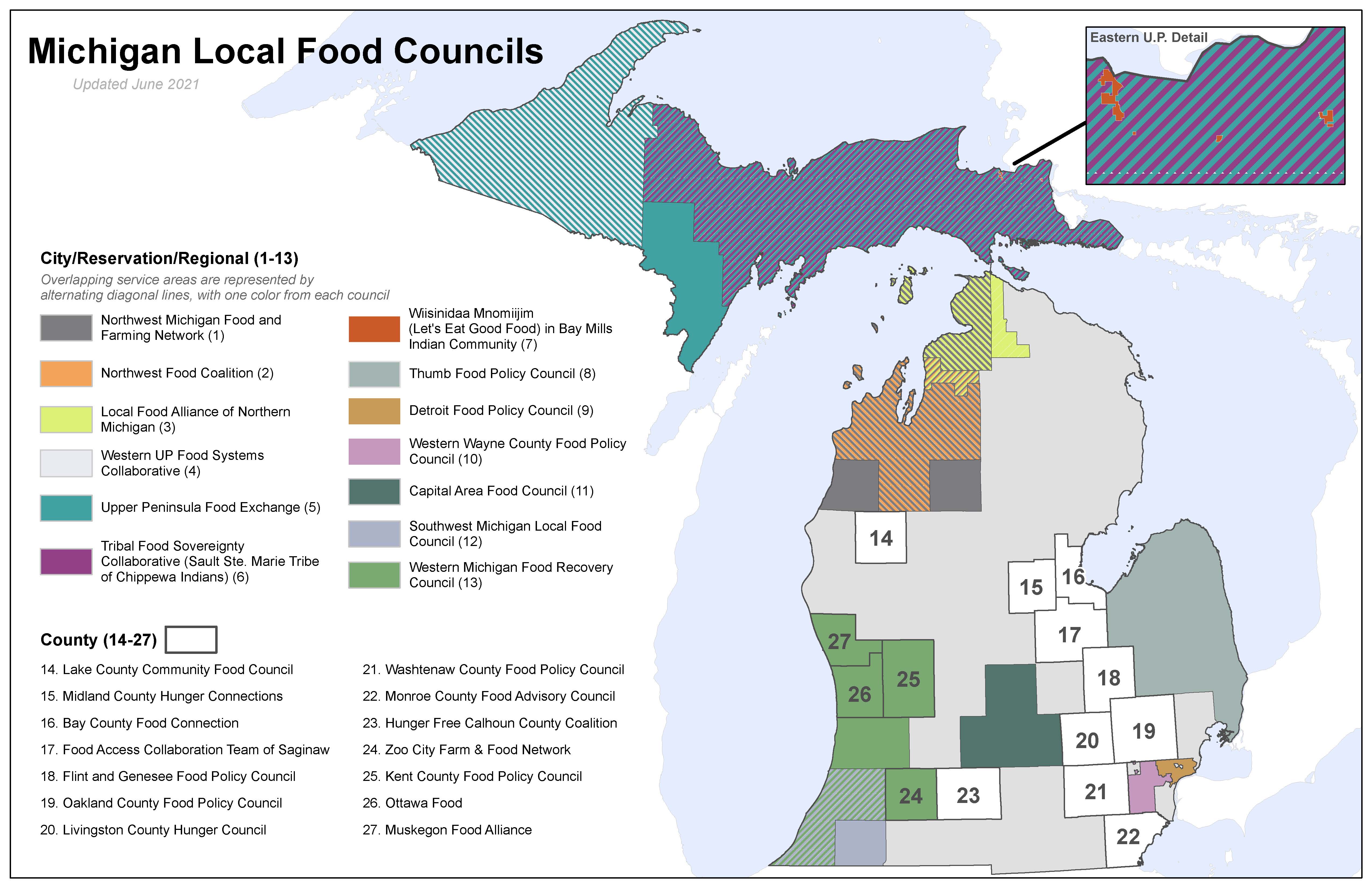 这张地图显示了密歇根州地方食品委员会及其在该州的覆盖范围。