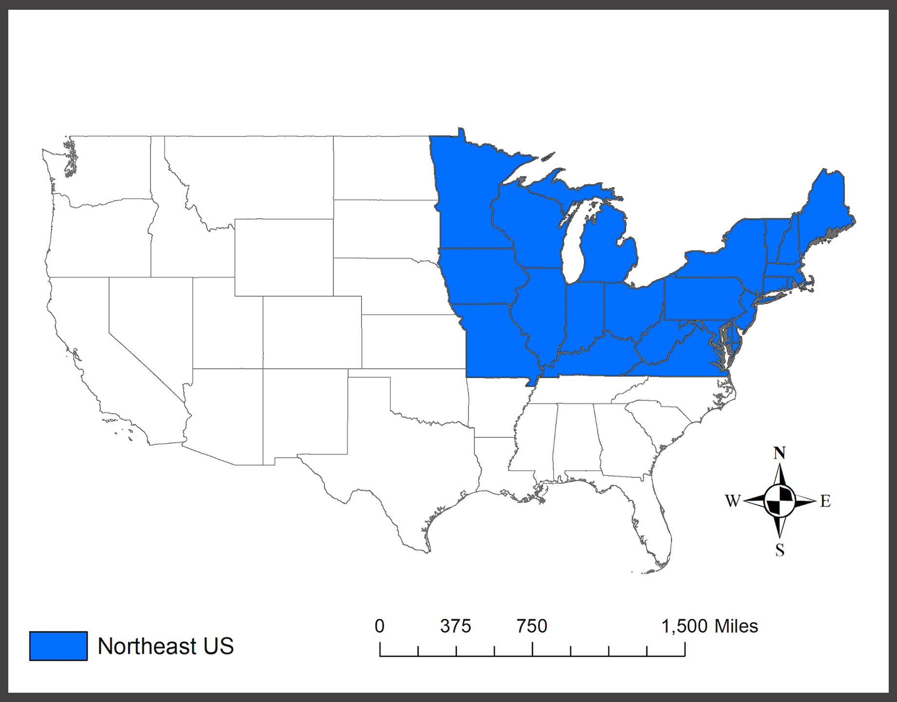 美国大陆地图，包括郝宇研究的部分州，用蓝色标注bob体育登录