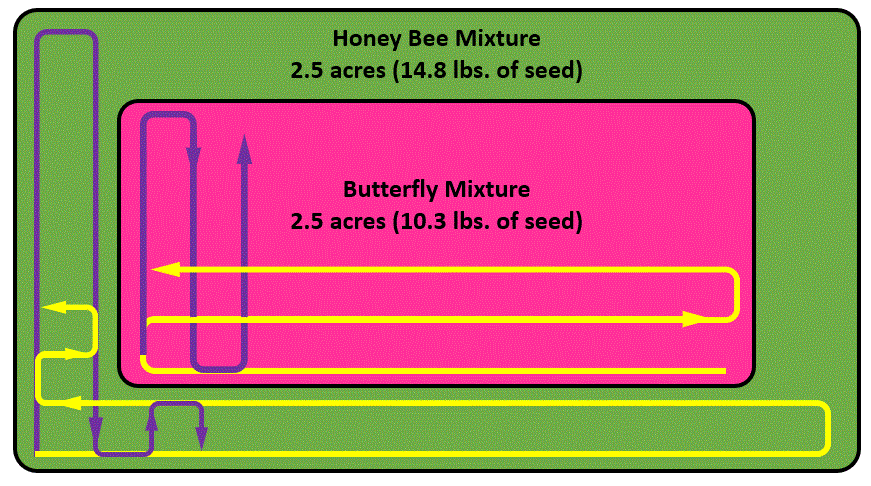 图2.5英亩的蝴蝶混合物(10.3磅。种子)包围2.5英亩的蜜蜂混合物(14.8磅。种子)