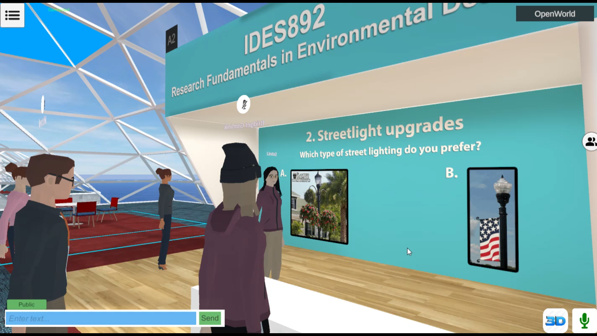 作为课堂的一部分，学生在3D虚拟现实环境中参与视觉偏好调查。